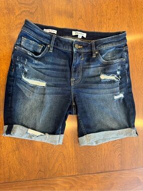 Vigoss Dark Blue Distressed Rolled-Hem Denim Shorts